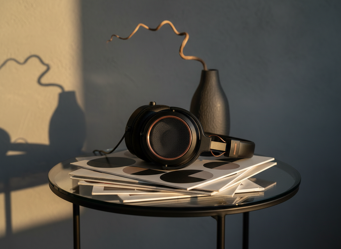 A pair of high-fidelity, open-back studio headphones with matte black ear cups and subtle copper accents rests gently atop a stack of vinyl-style record sleeves printed with minimalist geometric artwork. The stack sits on a smoked-glass side table beside a tall, matte ceramic vase holding a single, sculptural dried branch. Behind, a textured dark-gray wall fades into soft blur. Golden hour light filters through an unseen window, casting elongated, refined shadows and creating a warm rim light around the headphones’ contours. Captured at eye level with an asymmetrical composition, the focus is razor-sharp on the headphone textures and print details, while the background melts into creamy bokeh. The atmosphere is luxurious yet understated, evoking the refined listening experience of original, artfully crafted music within a sophisticated photographic aesthetic.
