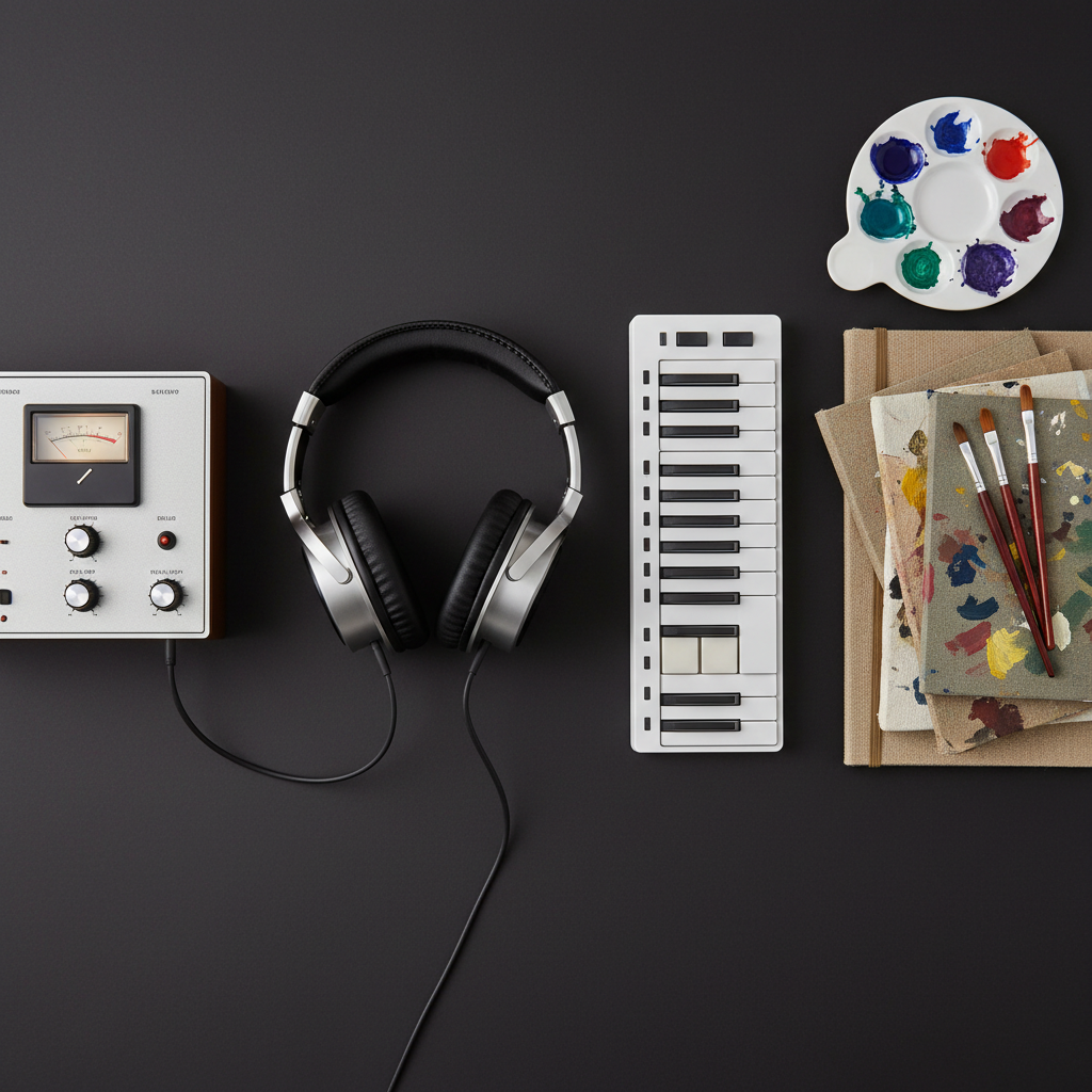 A meticulously arranged flat lay of creative tools spreads across a matte charcoal desk: high-end studio headphones with brushed metal details, a vintage-style audio interface, a compact MIDI controller, and neatly stacked sketchbooks with textured covers splattered by intentional paint marks. Beside them, several fine art brushes rest across a porcelain palette dotted with rich jewel-toned pigments. Overhead, soft studio lighting casts even illumination, creating subtle highlights on metal edges and gentle shadows that define each object. The scene is photographed from a true top-down, bird’s-eye view with sharp focus throughout, evoking a refined, organized workspace. The atmosphere feels calm, intentional, and intelligently designed, emphasizing professional artistry in both sound and image within a clean, photographic style.