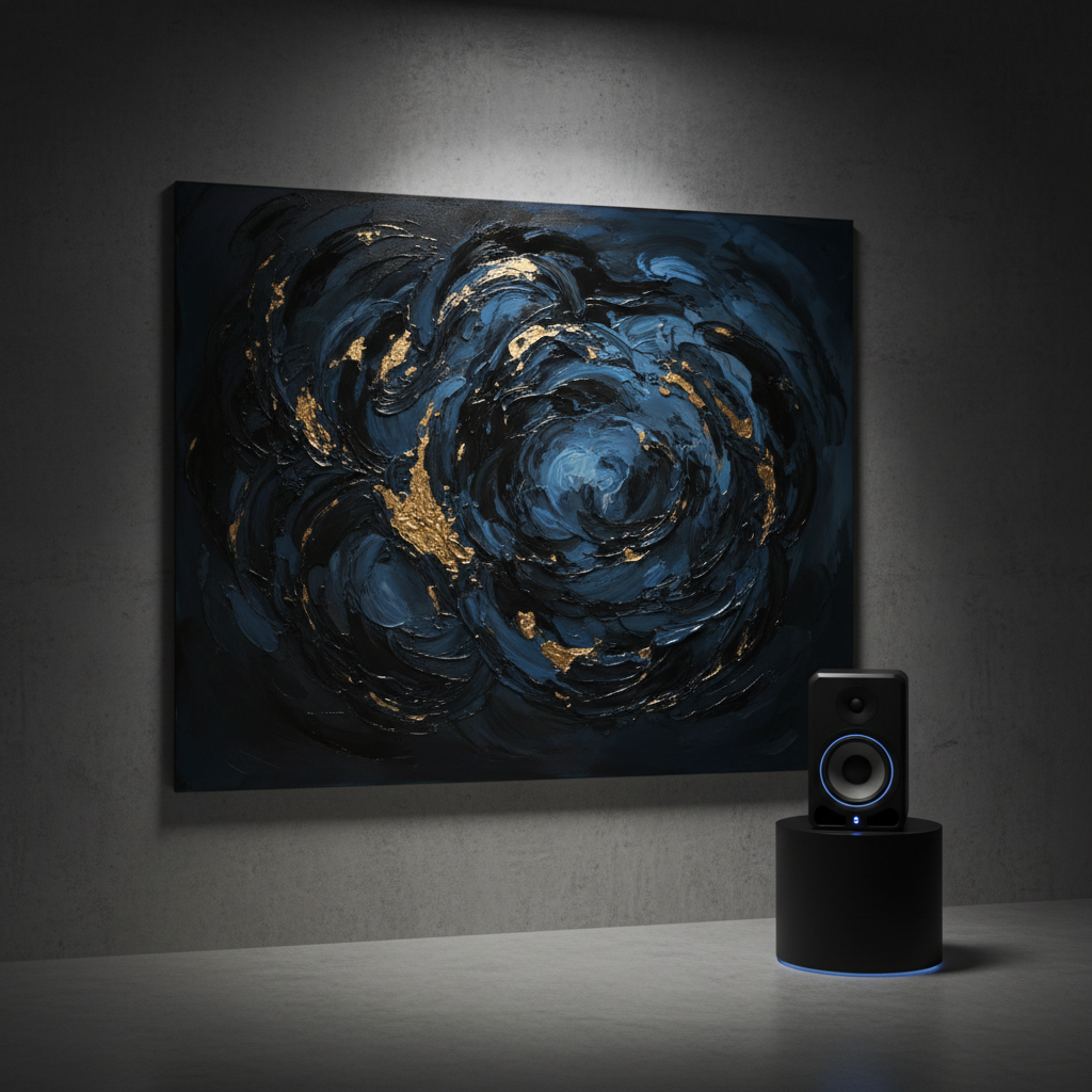 A large, stretched canvas filled with a dramatic, dark-toned abstract painting leans against a smooth concrete wall in a gallery-like space. The artwork features deep indigos, charcoal blacks, and glimmers of gold leaf, with textured impasto strokes catching the light. In front of the canvas, a sleek matte-black studio monitor speaker sits on a low pedestal, its subtle LED ring glowing softly. A long, narrow spotlight from the ceiling illuminates the canvas and speaker, carving them out from the slightly shadowed surroundings. Shot from a slightly low angle with the composition using rule of thirds, the image feels cinematic and sophisticated. The photographic realism and controlled lighting create an atmosphere of quiet intensity, ideal for showcasing serious, original artwork and music.