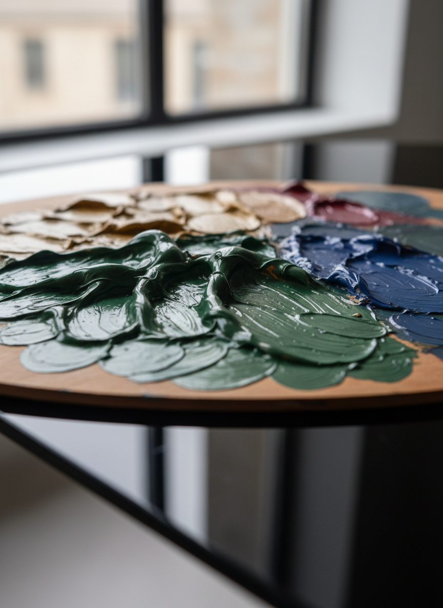 A close-up, macro-style shot of a textured artist’s palette captures thick swirls of oil paint in muted jewel tones: deep emerald, garnet, sapphire, and antique gold. The paint forms ridges and valleys, glistening slightly as if freshly applied, with fine bristle marks visible in the strokes. The palette rests on a smooth black glass table that reflects the colors in a subdued, elegant way. From a side window, soft overcast daylight grazes the surface at a low angle, creating delicate highlights along the peaks of the paint and gentle falloff into shadow. The composition is tightly cropped and abstract, with a very shallow depth of field that isolates a small region of color and texture. The mood is intimate, sophisticated, and artistic, presented in highly detailed photographic realism.