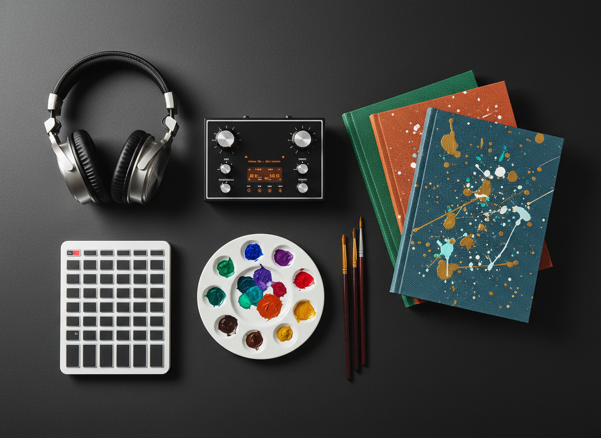 A meticulously arranged flat lay of creative tools spreads across a matte charcoal desk: high-end studio headphones with brushed metal details, a vintage-style audio interface, a compact MIDI controller, and neatly stacked sketchbooks with textured covers splattered by intentional paint marks. Beside them, several fine art brushes rest across a porcelain palette dotted with rich jewel-toned pigments. Overhead, soft studio lighting casts even illumination, creating subtle highlights on metal edges and gentle shadows that define each object. The scene is photographed from a true top-down, bird’s-eye view with sharp focus throughout, evoking a refined, organized workspace. The atmosphere feels calm, intentional, and intelligently designed, emphasizing professional artistry in both sound and image within a clean, photographic style.