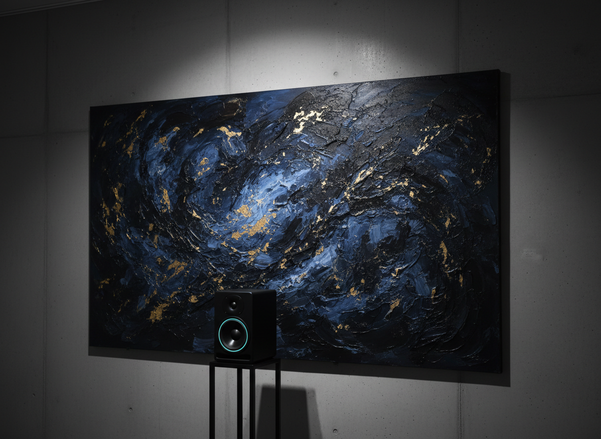 A large, stretched canvas filled with a dramatic, dark-toned abstract painting leans against a smooth concrete wall in a gallery-like space. The artwork features deep indigos, charcoal blacks, and glimmers of gold leaf, with textured impasto strokes catching the light. In front of the canvas, a sleek matte-black studio monitor speaker sits on a low pedestal, its subtle LED ring glowing softly. A long, narrow spotlight from the ceiling illuminates the canvas and speaker, carving them out from the slightly shadowed surroundings. Shot from a slightly low angle with the composition using rule of thirds, the image feels cinematic and sophisticated. The photographic realism and controlled lighting create an atmosphere of quiet intensity, ideal for showcasing serious, original artwork and music.