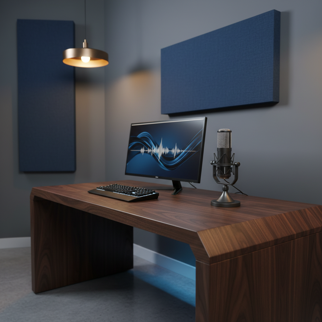 An elegant, modern recording desk crafted from dark walnut with beveled edges is positioned against a muted slate wall, adorned only by a single, minimal sound-absorbing panel in rich fabric. On the desk sits a slim, high-resolution screen displaying an abstract waveform in deep blues and silvers, next to a compact, matte-black keyboard and a sculptural condenser microphone with a fine metal mesh grille. A subtle LED strip beneath the desk casts a soft, cool glow on the floor, while a warm overhead pendant adds gentle, golden highlights to the wood grain. Photographed at a three-quarter angle with a shallow depth of field, the foreground is in precise focus, with the background softly blurred. The mood is refined, focused, and quietly luxurious, in a clean, modern photographic style.