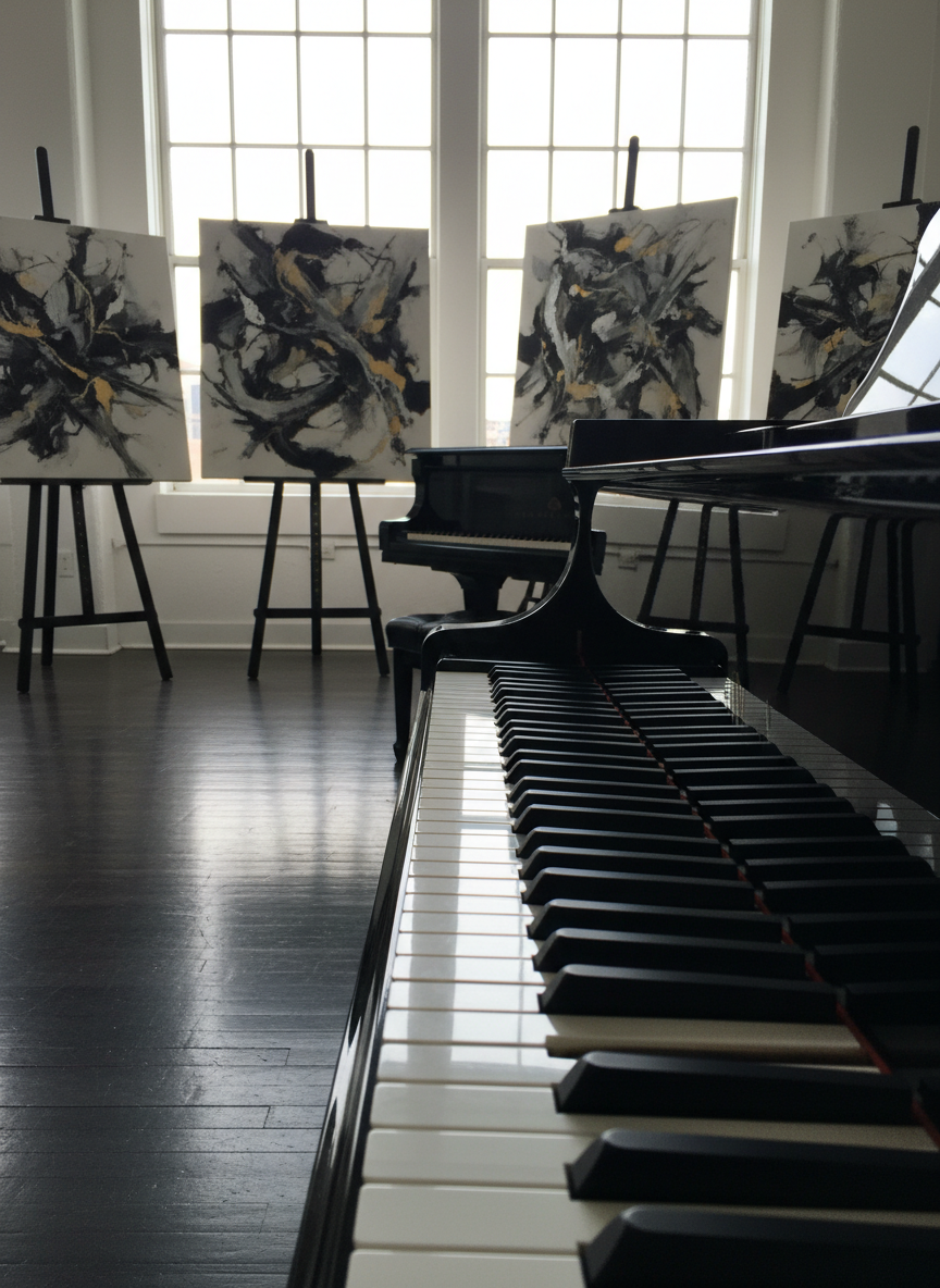 A sleek black grand piano with its lid elegantly raised, revealing gleaming strings and hammers, stands on a polished dark hardwood floor in a minimalist loft studio. Around it, large canvases rest on easels, covered in abstract monochrome brushstrokes and subtle metallic accents. Soft, diffused afternoon light pours through floor-to-ceiling windows, creating graceful reflections on the piano’s lacquered surface and gentle shadows behind the artwork. Photographed at eye level with a slightly wide angle, the composition balances music and visual art, with a shallow depth of field that keeps the focus on the piano’s keys. The mood is sophisticated, contemplative, and modern, rendered in clean photographic realism for a high-end creative portfolio homepage.