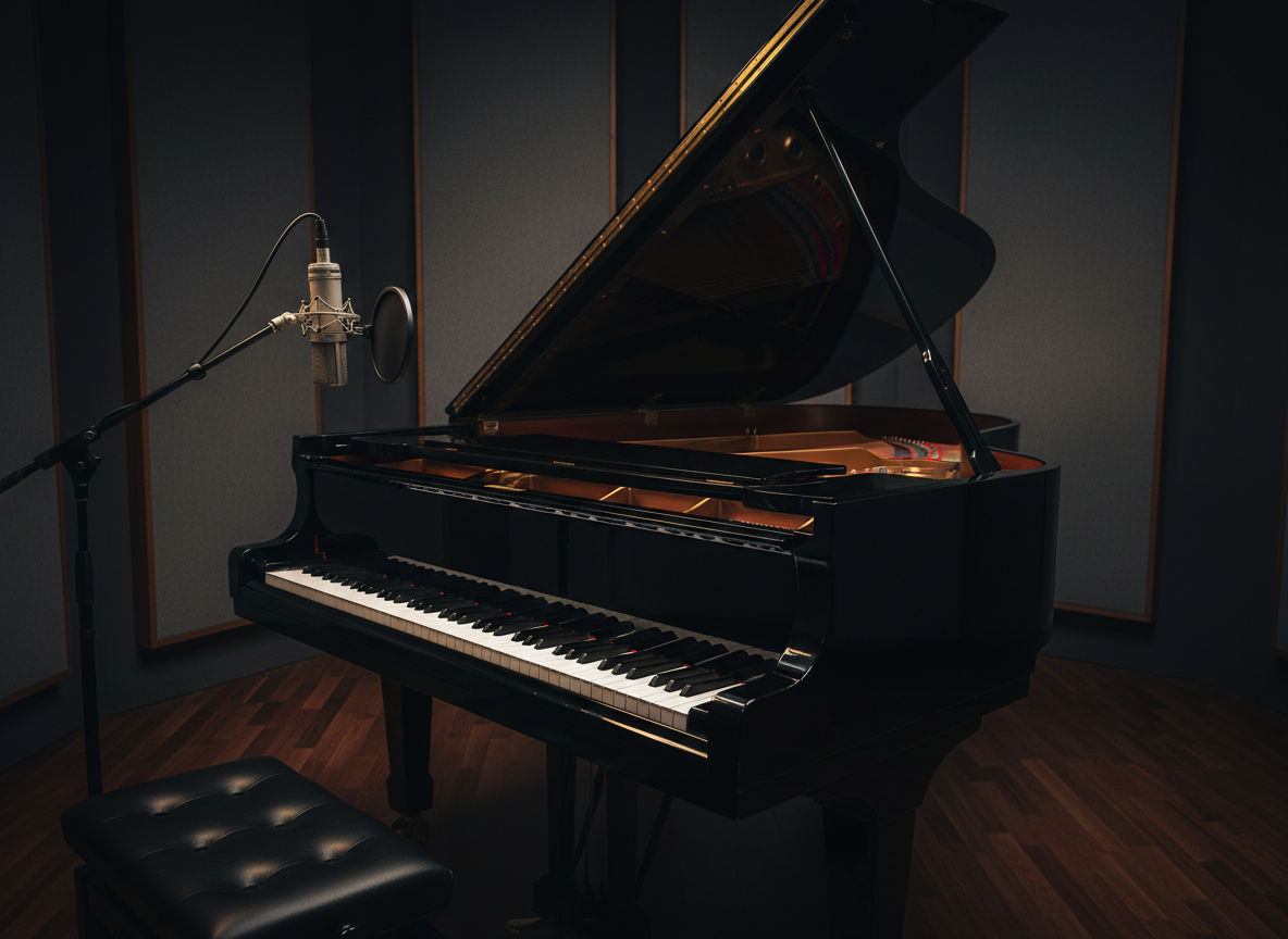 A black shiny grand piano in a studio with a microphone at the side, photographed under dramatic dark lighting.